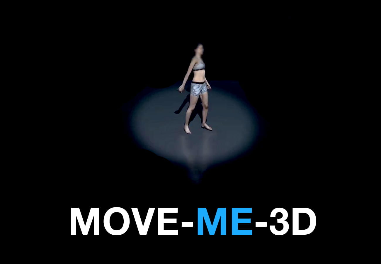 An image of a computer generated woman with the words move me 3d in blue and white.